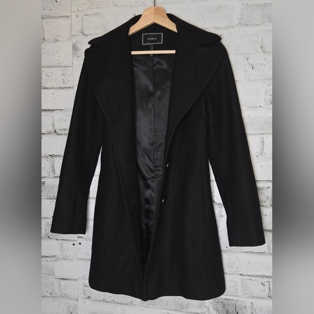 Le Château Woolmark Black Wool Blend Coat – XXS Fitted Long Jacket - Picture 7 of 12